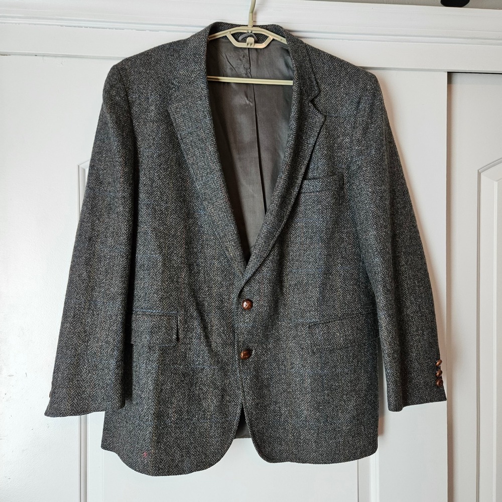 Vintage Tweed Sack Blazer Sports Coat 46R Grey‎ Herringbone Wool Windowpane Ivy